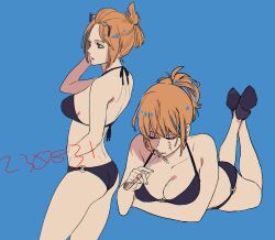 bikini black_bikini blonde_hair blue_background cleavage facial_scar feet_up female female_only gintama hair_ornament high_heels kiseru medium_breasts official_alternate_costume official_alternate_hairstyle on_stomach onechangm ponytail smoking solo swimsuit tagme the_pose tied_hair tsukuyo