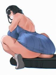 1girls ass black_hair blue_dress blush breasts closed_eyes dress female female_only from_behind goddess_of_victory:_nikke grin hairband huge_ass huge_breasts light-skinned_female light_skin long_hair looking_at_viewer looking_back mary_(nikke) ribbed_sweater rowkiba simple_background sitting smile solo squatting sweater sweater_dress tiptoes white_background white_hairband