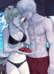 1boy 1girls beach beach_umbrella big_breasts bikini black_bikini blonde_hair blush cleavage facial_scar feeding female food gintama gintoki_sakata hair_ornament kunai looking_at_another male official_alternate_costume official_alternate_hairstyle pale-skinned_female pale-skinned_male pale_skin ponytail strawberry swimsuit toned toned_male topless_male tsukuyo umbrella zakirsiz