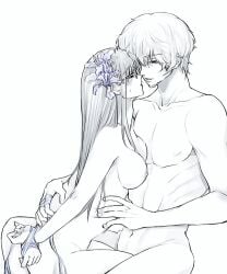 1boy 1girls arms_behind_back blush completely_nude eye_contact facial_hair female flower_in_hair gintama glasses goatee hair_ornament hair_over_one_eye hattori_zenzou imminent_sex long_hair looking_at_another male medium_breasts mole_under_eye nude partially_colored restrained restricted_palette ribbon ribbon_bondage sarutobi_ayame shouinoue spot_color