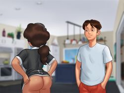 1boy 1girls 2d ass beach_house blurry blurry_background brown_hair clothed clothing consuela_(summertime_saga) curvy curvy_body curvy_female curvy_figure darkcookie digital_drawing_(artwork) digital_media_(artwork) duo female hairband holding holding_object house kitchen latina light-skinned_female light-skinned_male light_skin long_hair looking_at_ass looking_down maid maid_outfit maid_uniform main_character_(summertime_saga) male male/female milf older_female panties ponytail presenting presenting_ass room shirt shorts smile smiling standing summertime_saga teenager thick_ass thick_thighs underwear