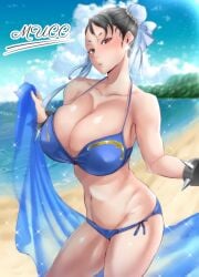 1girls 2023 2d 2d_(artwork) armpits artist_signature asian asian_female beach beach_episode belly belly_button big_breasts bikini bikini_bottom bikini_top black_hair blue_bikini blush breasts brown_eyes capcom chinese_female chun-li double_bun fanart hips large_breasts looking_at_viewer makeup massive_breasts mucc pale-skinned_female pale_skin short_hair spiked_bracelet street_fighter street_fighter_ii thick_thighs thighs voluptuous voluptuous_female wet wet_body