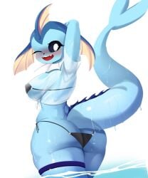 alaki_zezo bikini blush butt_shot in_water looking_back pokemon pokemon_(species) vaporeon wet_clothes wet_shirt white_shirt wink