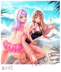 2girls absurd_res alternate_costume ass back back_view beach bikini blonde_hair blush breasts cleavage competition_swimsuit female female_only glasses goddess_of_victory:_nikke goggles goggles_on_head green_eyes hair_intakes light-skinned_female light_skin looking_at_viewer looking_back miniskirt neon_(blue_ocean)_(nikke) neon_(nikke) ocean official_alternate_costume one-piece_swimsuit open_mouth pink_skirt rapi_(classic_vacation)_(nikke) rapi_(nikke) red_eyes sailor_collar seashell seaside sideboob silver_hair skirt swimsuit thighs wet wet_body wet_clothes wet_skin winnerdive