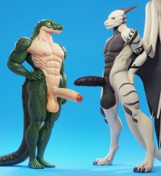 3d_(artwork) abs anthro biceps connivingrat digital_media_(artwork) dragon duo feet foreskin genitals helm_(connivingrat) humanoid male male/male muscular muscular_male nipples obliques pecs penis rithe serratus teeth triceps wings