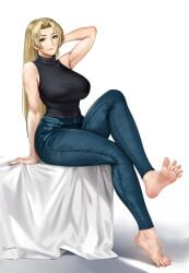 big_breasts blonde_hair brown_eyes easonx feet foot_fetish jeans jujutsu_kaisen no_shoes pose posing posing_for_the_viewer sleeveless slim_waist toes toned toned_body toned_female turtleneck white_background yuki_tsukumo