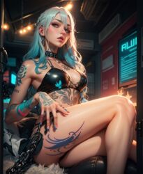 1girls 2023 ai_generated blue_hair chains clothed_female collar collared latex latex_bikini melby naked naked_female nude nude_female qos queen_of_spades slut slutty_outfit tattoo tattoo_on_legs tattoos thighs