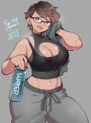 belly glasses green_eyes is ryo_agawa sweat tummy water_bottle