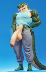 3d_(artwork) abs anthro balls biceps clothing connivingrat digital_media_(artwork) foreskin genitals helm_(connivingrat) hi_res male male_only obliques penis scalie serratus shirt solo solo_male sweatpants tank_top topwear triceps