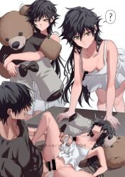 1boy ? bar_censor bite_mark bite_mark_on_breast black_hair black_shirt blush breasts censored closed_mouth collarbone commentary cum cum_in_pussy dress ejaculation father_and_daughter female fushiguro_megumi genderswap_(mtf) green_eyes highres holding holding_stuffed_toy incest jujutsu_kaisen long_hair looking_at_another looking_at_viewer male_pubic_hair mature_male medium_breasts missionary muscular muscular_male nipple_slip nipples no_bra penis pubic_hair pussy rule_63 scar scar_on_face scar_on_mouth sex shinoda_giri shirt short_hair spoken_question_mark spread_legs straight stuffed_animal stuffed_toy symbol-only_commentary teddy_bear thigh_grab toji_fushiguro trembling vaginal_penetration vermilli000n very_long_hair white_dress