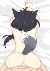 1boy animal_ears ass azur_lane back black_hair completely_nude cum cum_in_pussy deep_penetration doggy_style female grey_tail highres nude on_bed ponytail sbeve2004 sex sheet_grab shigure_(azur_lane) tail