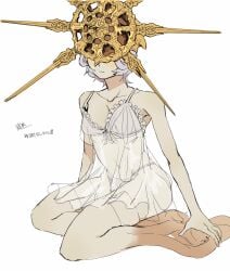 canon_crossdressing crossdressing dark_souls dark_sun_gwyndolin femboy frills fromsoftware gold_(metal) headgear headwear helmet kometsubu lingerie male male_only mask masked_male negligee nightgown otoko_no_ko panties see-through_clothing short_hair sitting solo trap white_hair