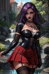 1girls 2023 ai_generated ai_hands black_lipstick black_veil bride clothed_female crucifix goth goth_bride goth_girl gothic long_hair mascara original_character plaid_skirt pleated_skirt purple_hair secret_room12 spiked_collar stable_diffusion wedding_veil wide_hips