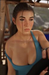 1girls 3d big_breasts breasts brown_eyes brown_hair cleavage clothed emberstock female female_only lara_croft lara_croft_(survivor) large_breasts ponytail shiny_skin skindentation solo squish tagme tank_top tanktop tanline tomb_raider tomb_raider_(survivor)