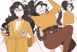 asleep belt black_hair breedable bug cleavage coffee_mug feelers glasses idolomantises medium_breasts milf moth_girl mother sfw sweater tired_eyes yellow_robe