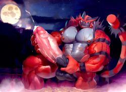 abs ambiguous_fluids anthro anthrok balls biceps big_(disambiguation) bodily bodily_fluids cum erection furry generation_7_pokemon genital_fluids genitals hatake hi_res holidays hyper incineroar invalid_tag male male_only muscular nintendo nipples nude pecs penis pokemon pokemon_(species) solo