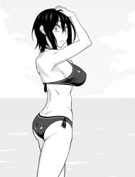 1girls abs armpits arms_up ass beach big_breasts bikini bikini_bottom bikini_top black_hair bra curvy female female_focus female_only hitomi-chan_is_shy_with_strangers hitomi-chan_wa_hitomishiri hitomi_takano looking_back manga_style monochrome solo_female szmitten tomboy voluptuous water