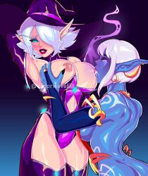 2girls amelette big_breasts blizzard_entertainment blue_skin blush drinking_milk groping groping_breasts high_elf interspecies lactation light-skinned_female light_skin nightborne original_character sucking_nipples warcraft white_hair world_of_warcraft yuri