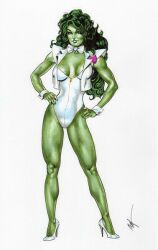 1girls big_breasts bowtie digital_drawing_(artwork) digital_media_(artwork) eyebrows eyelashes female female_only front_view full_body fully_clothed green-skinned_female green_body green_hair green_lips green_skin high_heels highleg_leotard hourglass_figure hulk_(series) legs leotard long_hair marvel marvel_comics mc_wyman she-hulk signature solo white_background