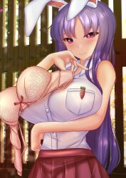 1girls arm_under_breasts bra breasts breasts_bigger_than_head bunny_ears bunny_girl buttons collared_shirt female female_focus heart-shaped_pupils holding_bra huge_breasts long_hair looking_at_viewer massive_breasts open_mouth pink_bra pink_eyes purple_hair red_eyes red_skirt reisen_udongein_inaba shounen_(hogehoge) sleeveless sleeveless_shirt solo touhou white_shirt