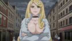 1girls blonde_hair breasts cleavage clothing female female_only green_eyes human human_only katsute_kami_datta_kemonotachi_e large_breasts light-skinned_female light_skin liza_renecastle looking_at_viewer screencap