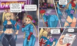 2023 archdan ass bare_thighs black_choker blonde_hair cammy_white cammy_white_(cosplay) capcom choker clothed comic dialogue english_text female female_only humor metroid metroid_other_m multiple_females multiple_girls nintendo outfit_swap panels ripped_clothing samus_aran samus_aran_(cosplay) story street_fighter tagme taunting text torn_clothes worried zero_suit_samus_(cosplay)