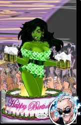 1girls beer beer_glass big_breasts busty celebrity choker cleavage dawkom digital_drawing_(artwork) digital_media_(artwork) dress edit eyebrows eyelashes eyes fantastic_four female female_focus garrett_blair green-skinned_female green_body green_skin hair hips hourglass_figure hulk_(series) lips male marvel marvel_comics she-hulk slim_waist solo speech_bubble st._patrick's_day stan_lee thighs third-party_edit voluptuous voluptuous_female waist wide_hips