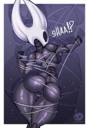 2023 anthro arthropod ass black_body blowup_background border breasts ehidney entangled female genitals hi_res hollow_knight hornet_(hollow_knight) nude portrait pussy rear_view side_boob simple_background solo team_cherry three-quarter_portrait white_border