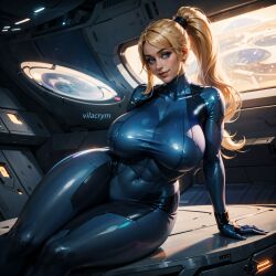 ai_generated big_breasts blonde_female blonde_hair blue_eyes bodysuit breasts metroid nintendo samus_aran skin_tight skin_tight_outfit skintight skintight_bodysuit skintight_clothing tight_bodysuit vilacrym zero_suit zero_suit_samus