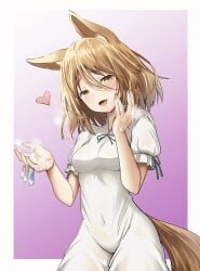 animal_ears blonde_hair cum cum_on_hands female fingernails fox_ears fox_tail green_ribbons hair_between_eyes heart highres kamunika kudamaki_tsukasa open_mouth ribbon romper short_hair short_sleeves solo tail touhou white_romper yellow_eyes