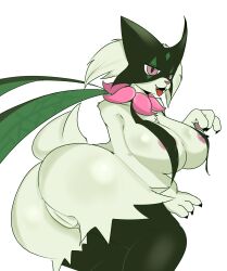 absurd_res anthro areola ass big_breasts black_body breasts female generation_9_pokemon genitals green_body hi_res killer._ez looking_at_viewer meowscarada nintendo open_mouth pokemon pokemon_(species) pokemon_sv purple_eyes pussy simple_background solo thick_thighs tongue tongue_out white_background