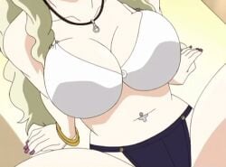 animated blonde_hair bouncing_breasts bra breast_grab gif groping jewelry large_breasts long_green_hair midriff navel navel_piercing necklace nipples painted_fingernails partial_male resort_boin sex shinjou_kanae taking_off_bra