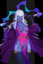 1girls amelette big_breasts blizzard_entertainment blue_skin nightborne ninra original_character see-through see-through_clothing solo stockings thick_thighs warcraft white_hair world_of_warcraft