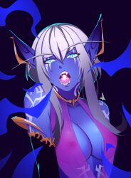 1girls amelette blizzard_entertainment blue_skin nightborne ninra original_character see-through see-through_clothing solo warcraft white_hair world_of_warcraft