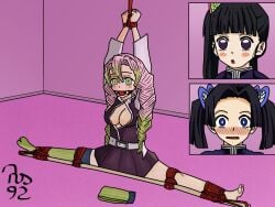 3girls anime_style barefoot bondage demon_slayer female female_only gagged kanroji_mitsuri kanzaki_aoi_(kimetsu_no_yaiba) kimetsu_no_yaiba multiple_girls solo_focus spread_legs tsuyuri_kanao