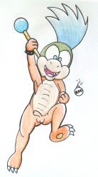 anthro balls blue_eyes genitals hi_res koopa koopaling larry_koopa male mario_(series) nintendo nude open_mouth penis reddragonkan scalie scepter solo wand