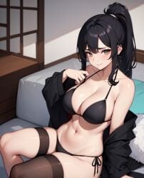 1girls 2023 ai_generated ai_hands anime anime_girl anime_nose anime_style big_breasts bikini black_hair brown_eyes cleavage clothed_female enza1316 female kimono long_hair solo white_body