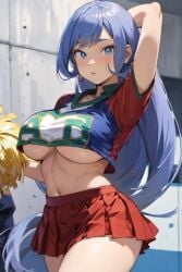 1girls ai_generated big_breasts blue_eyes blue_hair boku_no_hero_academia cheerleader cheerleader_uniform crop_top looking_at_viewer midriff my_hero_academia nejire_hado pom_poms thick_thighs u.a._cheerleader_outfit underboob