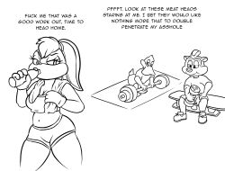 anatid anseriform anthro avian bird bodily_fluids comic daffy_duck duck exercise female group gym_clothing hi_res humanoid lagomorph leporid lola_bunny looney_tunes lordcuckness male male/female mammal mephitid pepe_le_pew rabbit skunk stare sweat trio warner_brothers weightlifting workout