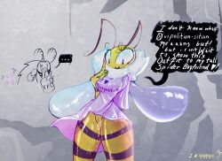 anthro arthropod background_character bee bitty(enderryy) bodily_fluids clothing enderryy female genital_fluids glistening glistening_body hymenopteran insect_wings insects kfc lepidopteran moth neckfluff pussy_juice simple_background smile solo speech_bubble text wings worried yellow_body