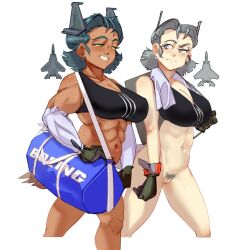 2023 2girls abs amber_eyes duffel_bag f-15 f-15ex female female_only fit_female gijinka grey_hair medium_support_(meme) mostly_clothed multiple_girls pubic_hair pussy smile tan_skin toorops violet_eyes white_skin