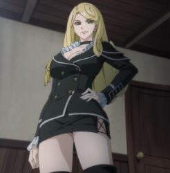 1girls blonde_hair breasts cleavage female female_only green_eyes hips human human_only katsute_kami_datta_kemonotachi_e large_breasts light-skinned_female light_skin liza_renecastle long_hair screencap thick_thighs thighhighs thighs