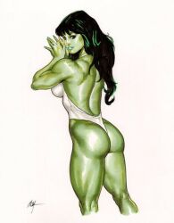 1girls artist_signature ass big_breasts digital_drawing_(artwork) digital_media_(artwork) female female_only green-skinned_female green_body green_hair green_lips green_skin highleg_leotard hips hulk_(series) leotard looking_at_viewer looking_back marvel marvel_comics mc_wyman muscular muscular_female rear_view she-hulk thick_thighs thighs torn_clothing torn_leotard white_background