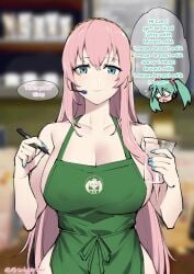 2girls apron aqua_eyes aqua_hair bare_shoulders barista blurry blurry_background breasts cafe coffee_cup cup disposable_cup english_commentary english_text ge-b green_apron hatsune_miku headset highres holding holding_cup holding_marker holding_pen iced_latte_with_breast_milk large_breasts long_hair looking_at_viewer marker megurine_luka meme multiple_girls naked_apron nearly_naked_apron pen pink_hair smile twintails very_long_hair vocaloid