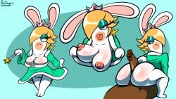 anthro ass big_breasts big_butt blonde_hair breasts cleavage clothed clothing female genitals hair hi_res hot_dogging human human_on_anthro interspecies lagomorph leporid male male/female mammal mario_(series) mario_+_rabbids mario_+_rabbids:_sparks_of_hope nintendo nipples no_underwear penis protagon pussy rabbid rabbid_rosalina rabbit raving_rabbids sex ubisoft