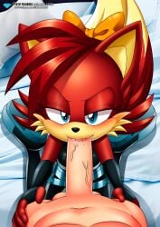 bbmbbf blowjob blush erect_penis fellatio fiona_fox hairbow human_on_anthro looking_at_viewer mobius_unleashed palcomix pietros_secret_club red_fur red_hair sega sonic_(series) sonic_the_hedgehog_(series) veiny_penis