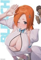 1girls bleach bleach:_the_thousand-year_blood_war chilakkk cleavage cleavage_cutout inoue_orihime orange_hair sado_yasutora yasutora_sado