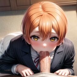 1boy ai_generated blowjob blush cute cute_face female hoshizora_rin love_live! love_live!_school_idol_project orange_hair penis red_bow school_uniform schoolgirl white_body white_skin yellow_eyes