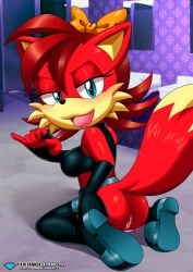 anus ass bbmbbf big_breasts breasts brown_hair fiona_fox hairbow horny looking_at_viewer looking_back mobius_unleashed palcomix panties pussy red_fur sega sideboob sonic_(series) sonic_the_hedgehog_(series)