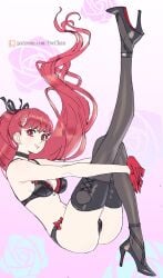 1girls ass atlus black_lingerie breasts female female_only high_heels kasumi_yoshizawa lingerie looking_at_viewer navel persona persona_5 persona_5_royal poechan red_eyes red_hair solo solo_female sumire_yoshizawa